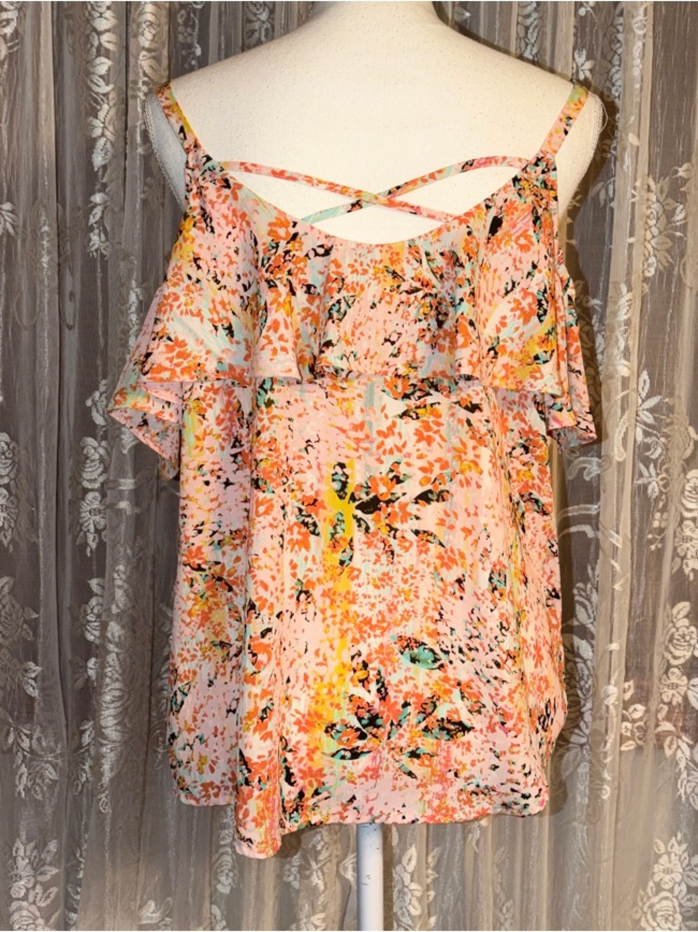 Multi-Color Floral Ruffle Cold-Shoulder Blouse - Picture 4 of 5